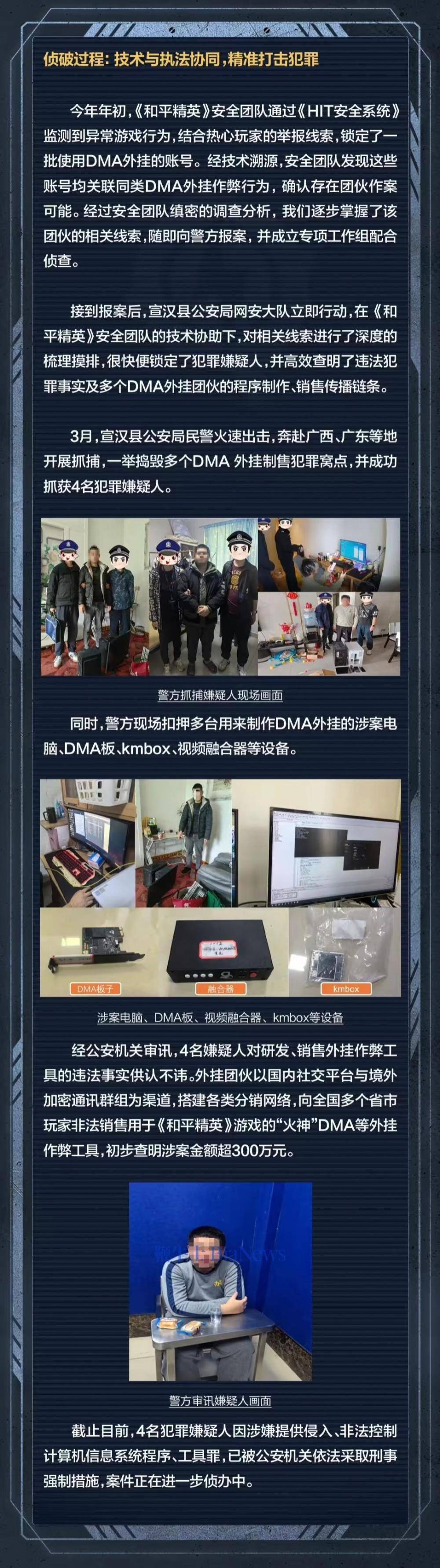 腾讯《和平精英》重大外挂案告破：抓获4人<strong></p>
<p>和平精英
</strong>，涉案金额超300万元:和平精英
